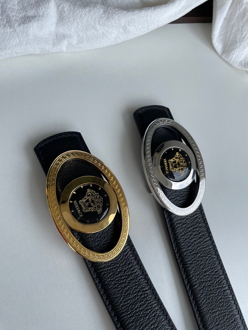 Versace Stainless Steel Flip Medusa Metal Buckle Cowhide Sheep Textured Belt 3.5cm