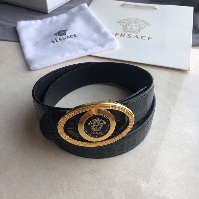 Versace Men s black leather embossed belt 3.5cm