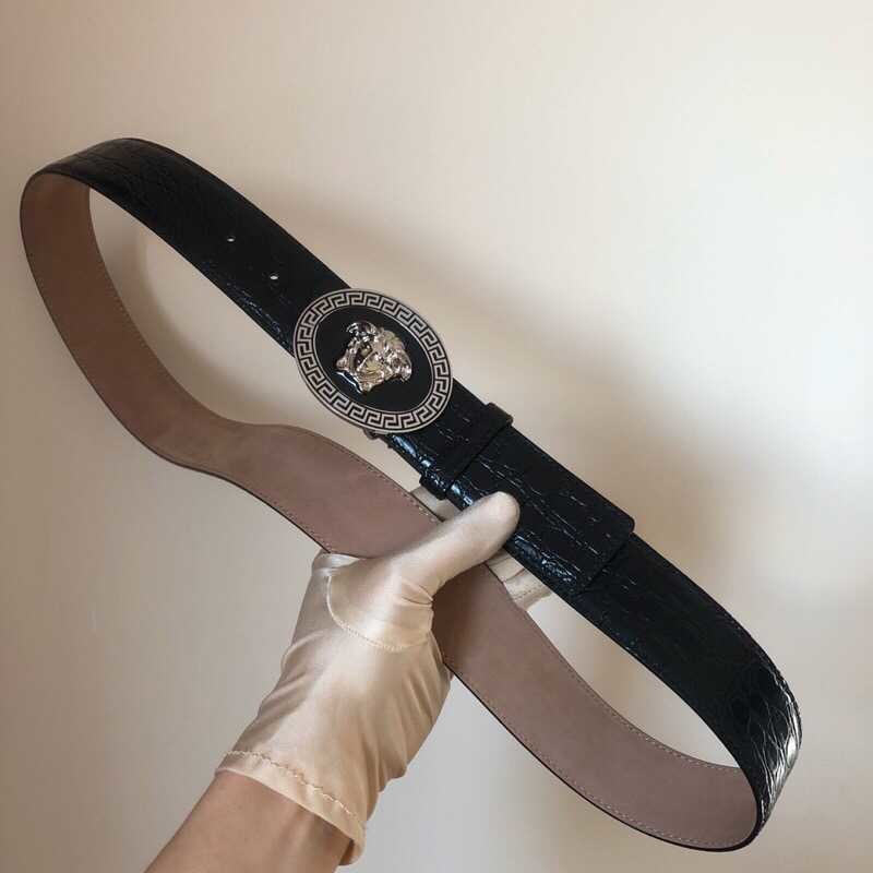 Versace Men s black cowhide crocodile pattern frosted belt 3.8cm